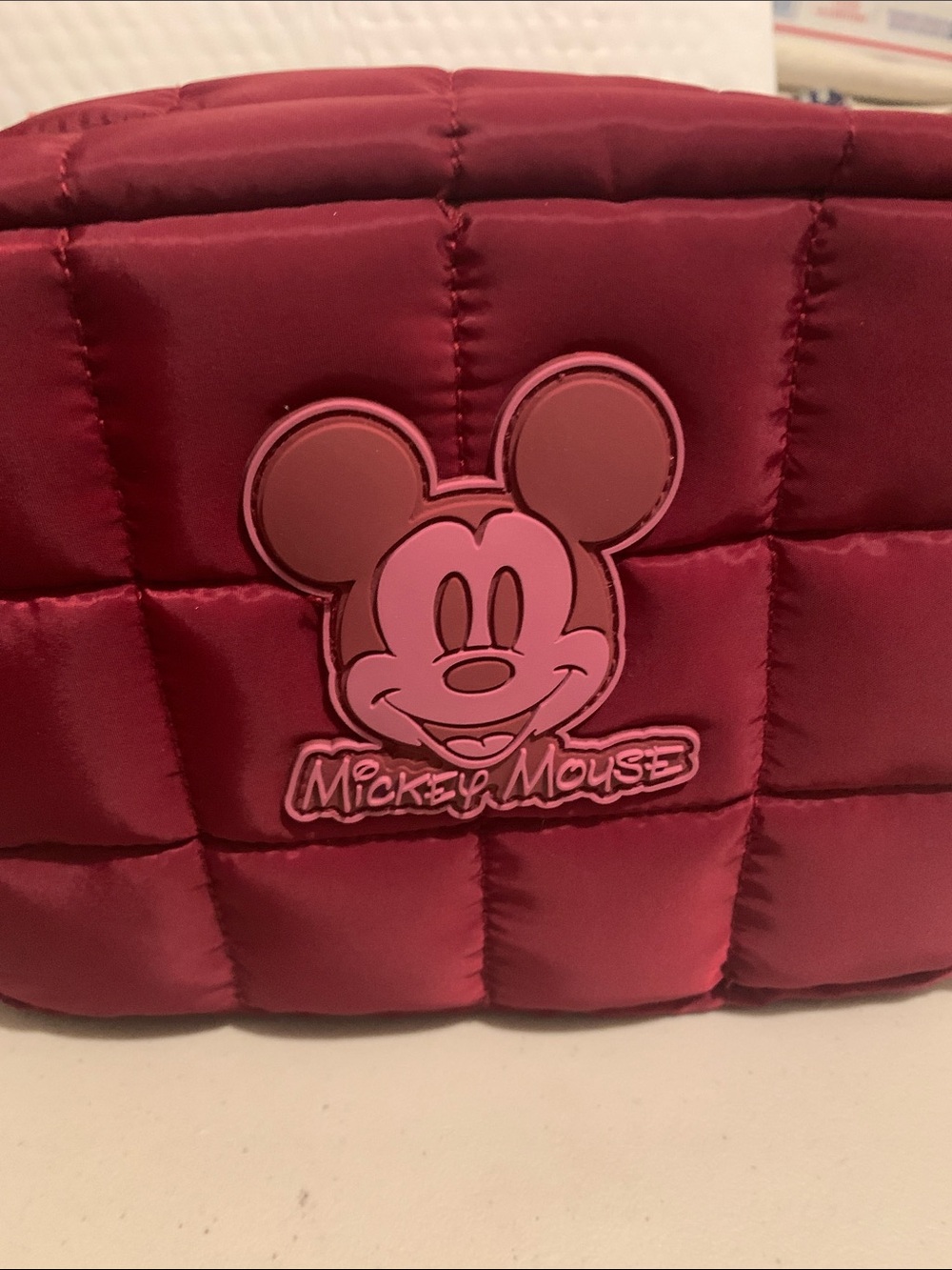 Disney Quilted Burgundy Cosmetic Pouch with Mickey Print Lining